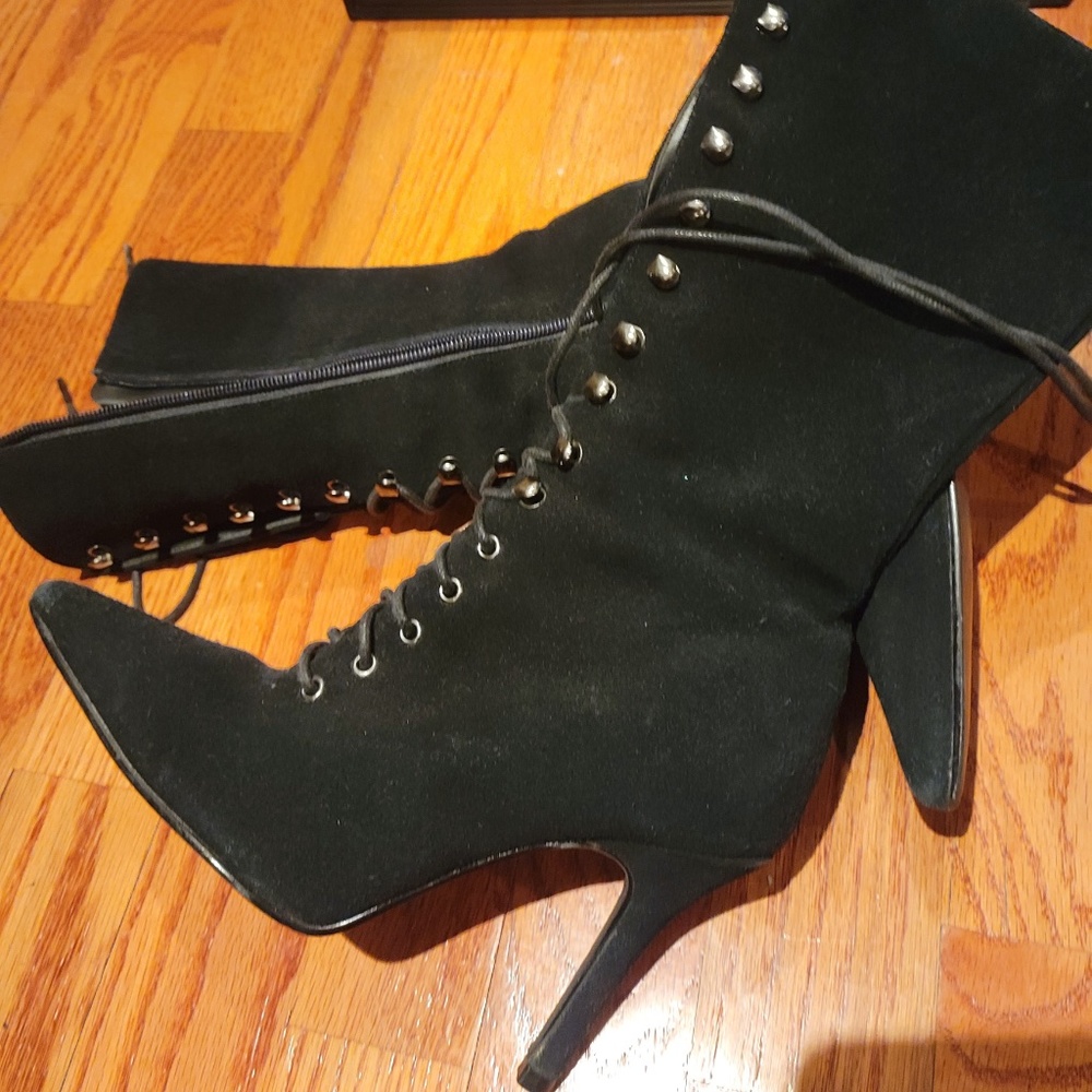 Black Suede Point Toe Lace Up Boots w/ Zipper